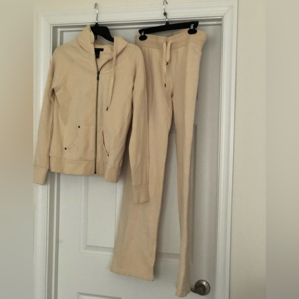 BCBGMaxAzria Cream Zip Hoodie and Drawstring Track Pants Set, NWT on pants.